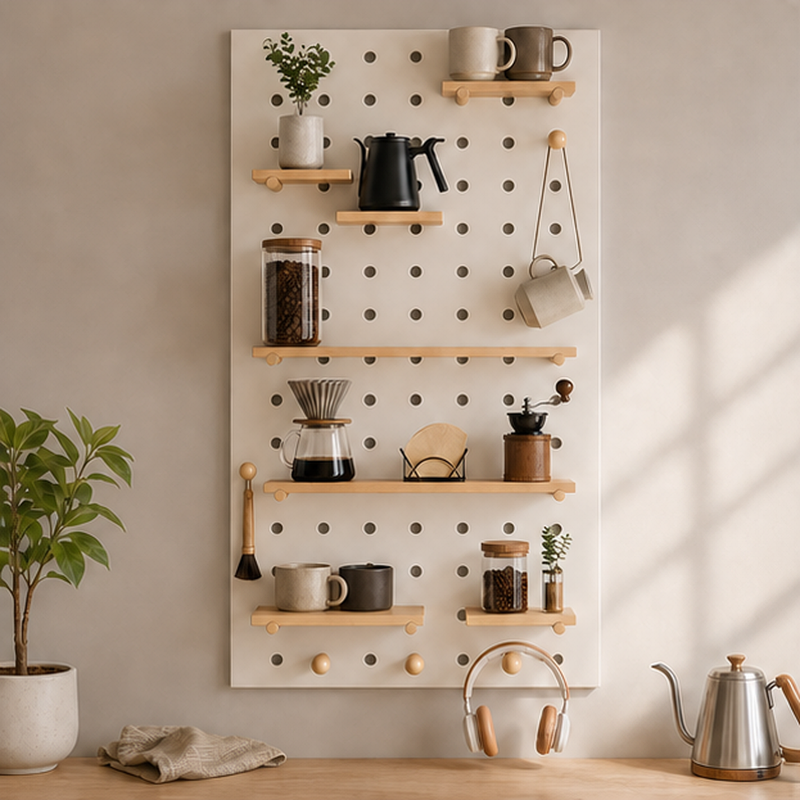 60 x 120 cm warm white coffee pegboard organizer in a coffee bar setting