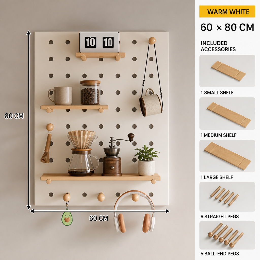 Dimensions and included accessories for 60 x 80 cm warm white coffee pegboard