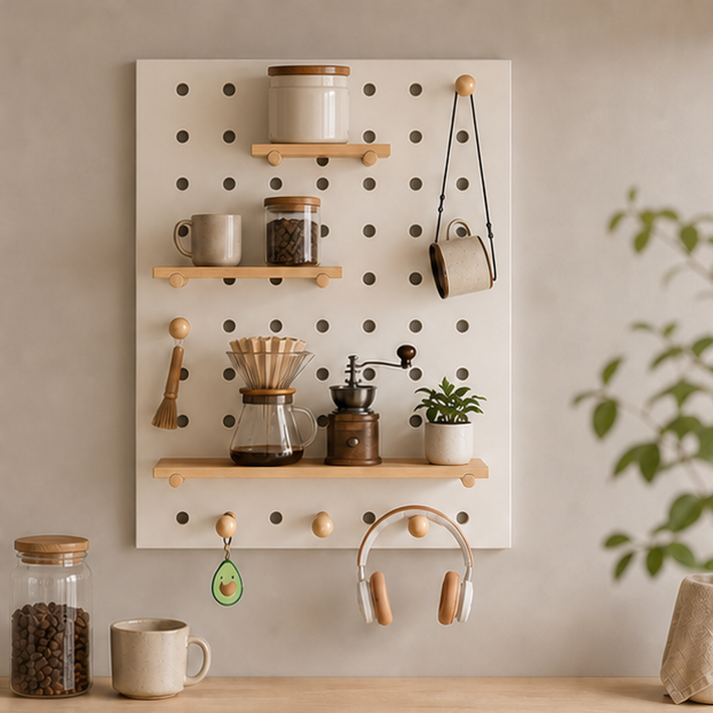 60 x 80 cm warm white coffee pegboard organizer in a coffee bar setting