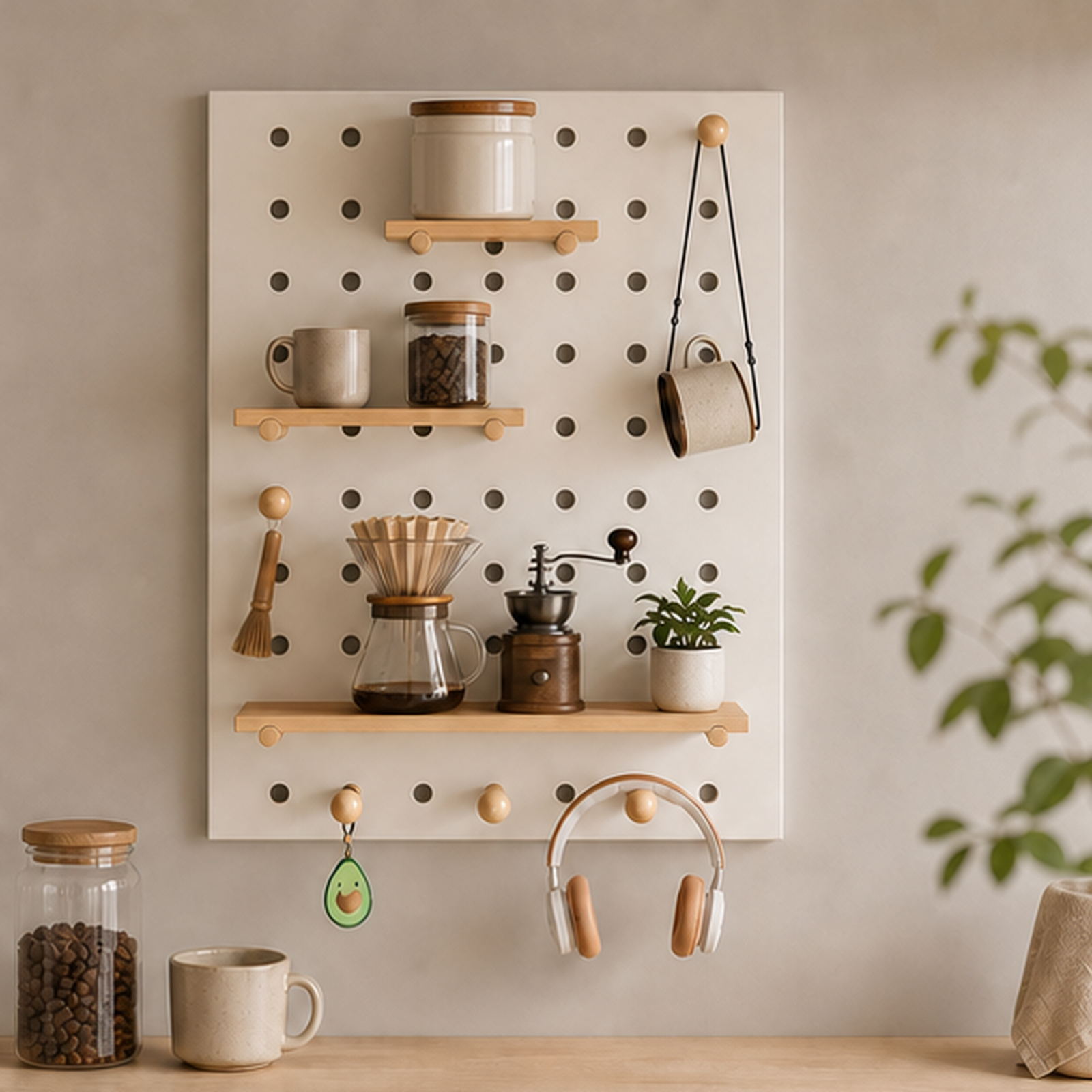 60 x 80 cm warm white coffee pegboard organizer in a coffee bar setting