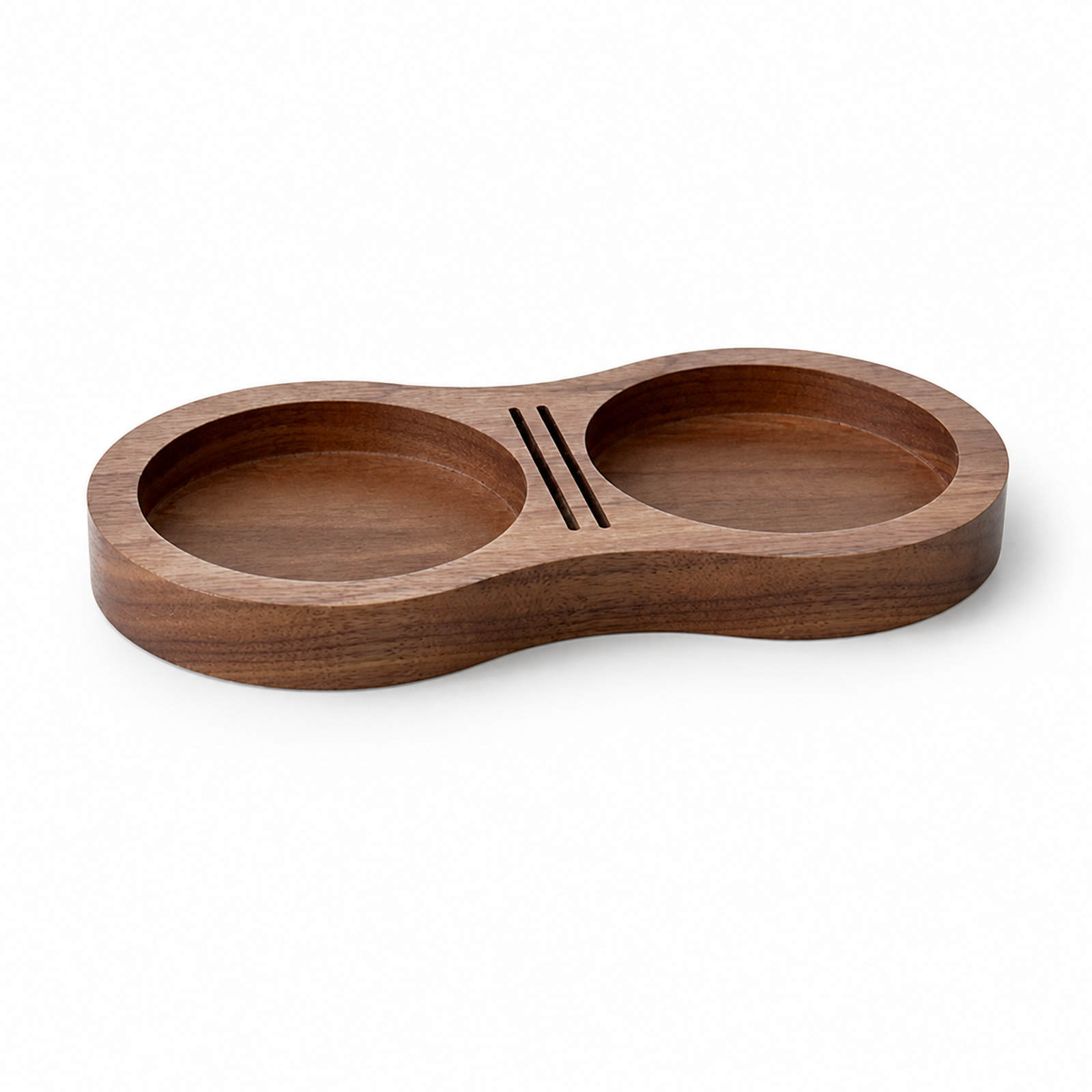 Solid walnut figure-eight espresso tamper and distributor organizer on white background