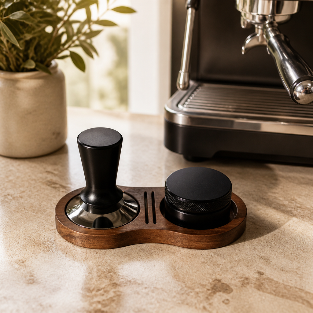 Solid walnut espresso tamper organizer beside a home espresso machine