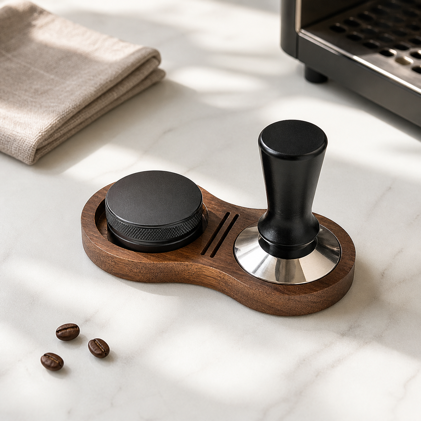 Walnut espresso tool station holding a tamper and coffee distributor