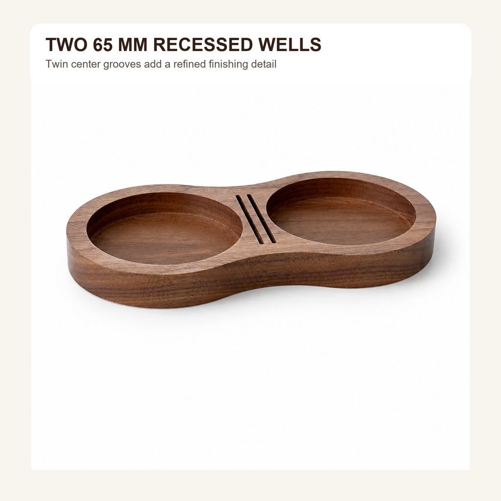 Two 65 mm recessed wells in solid walnut espresso organizer