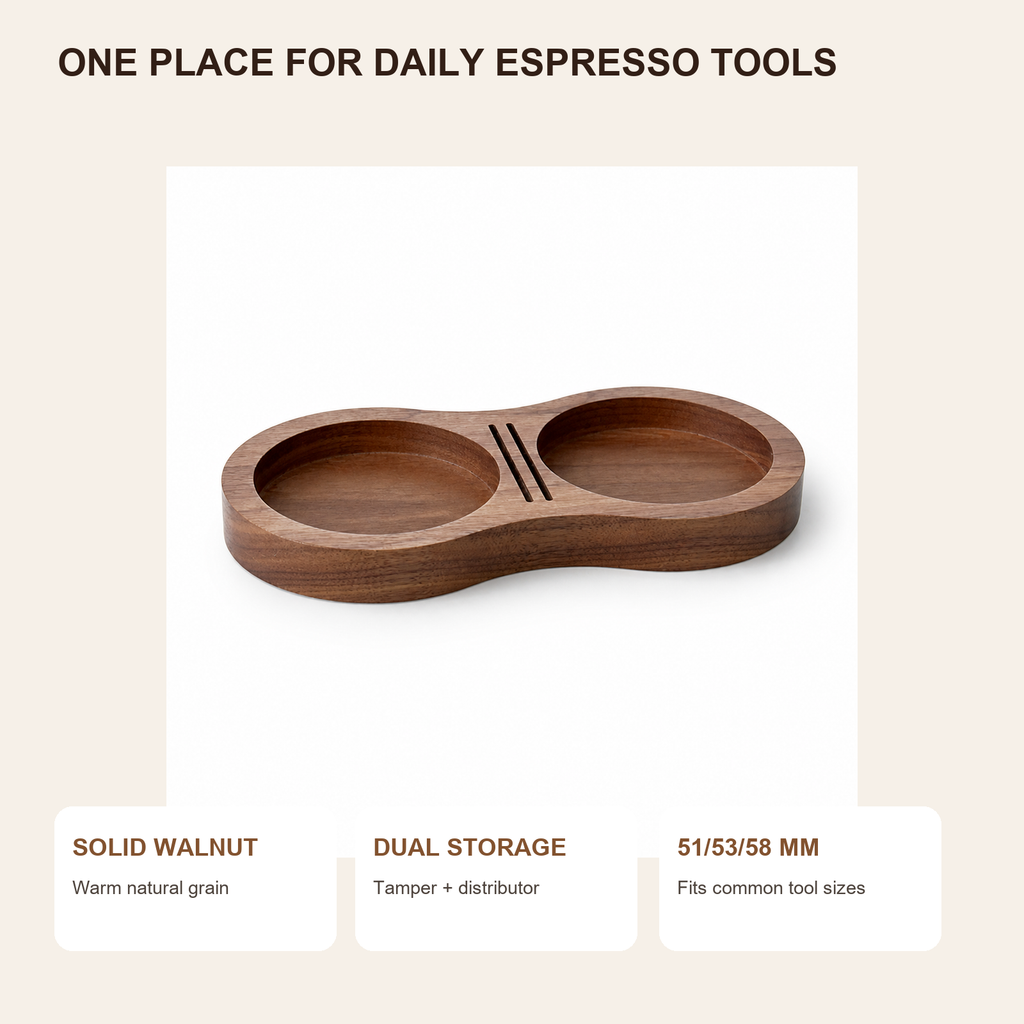 Compact solid walnut storage for tamper and distributor