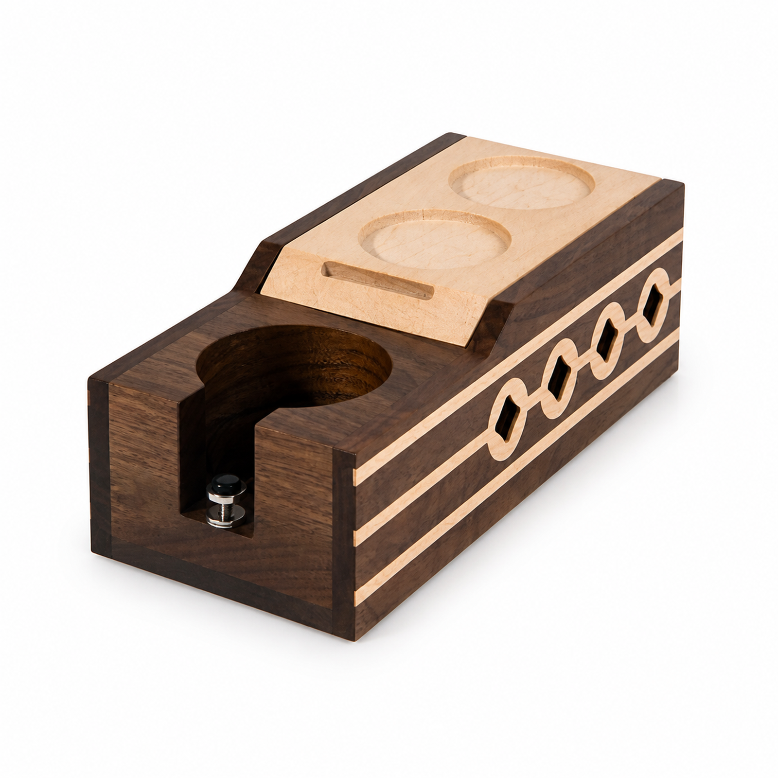Solid black walnut flip-top espresso tamping station on white background