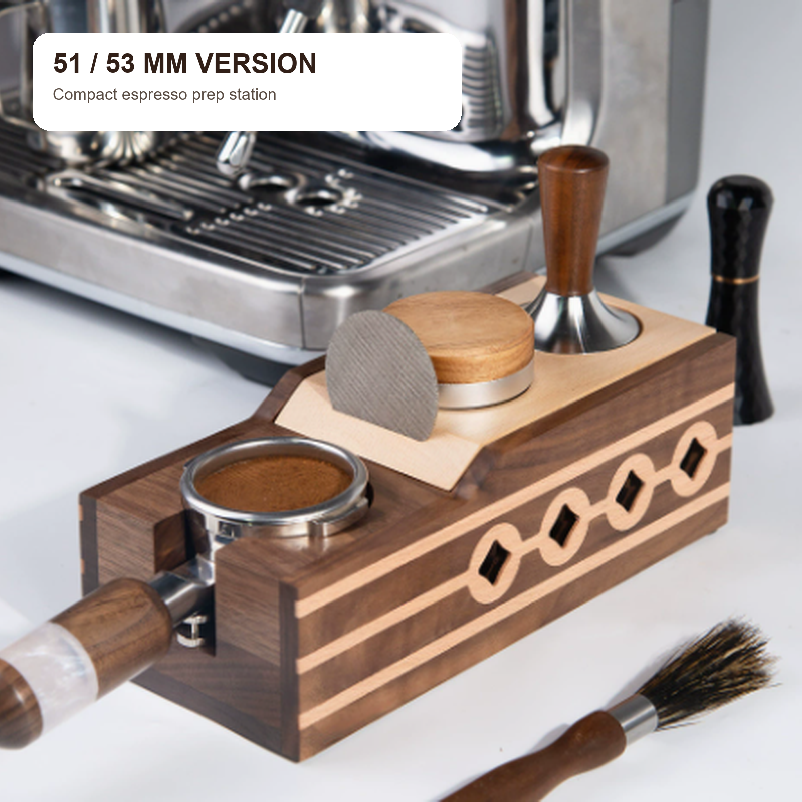 51 and 53 mm solid walnut espresso prep station beside a coffee machine