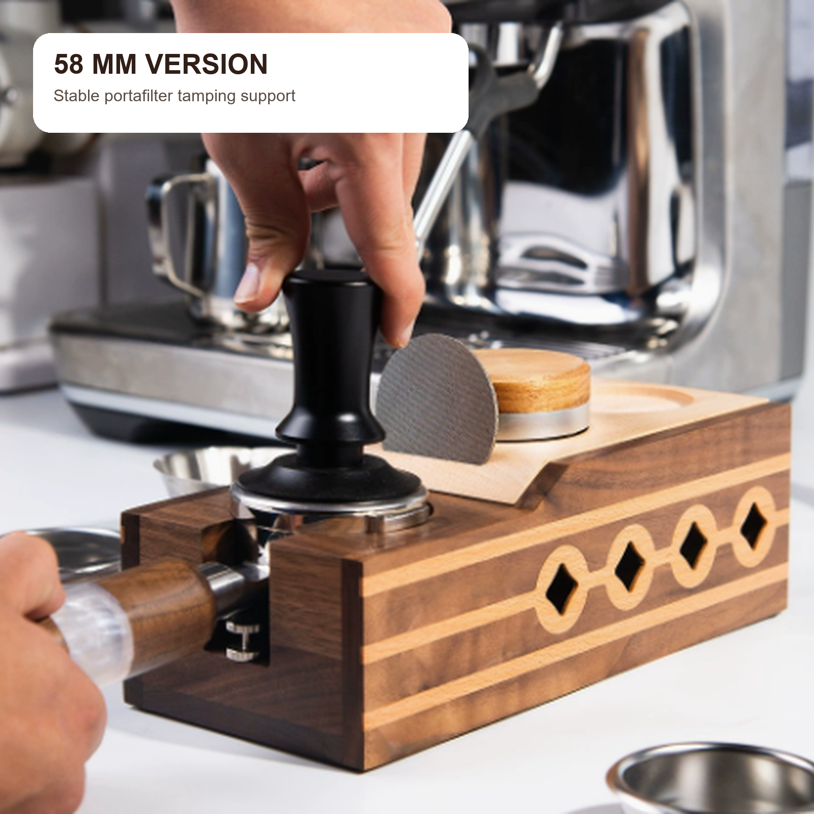 58 mm black walnut tamping station supporting a portafilter