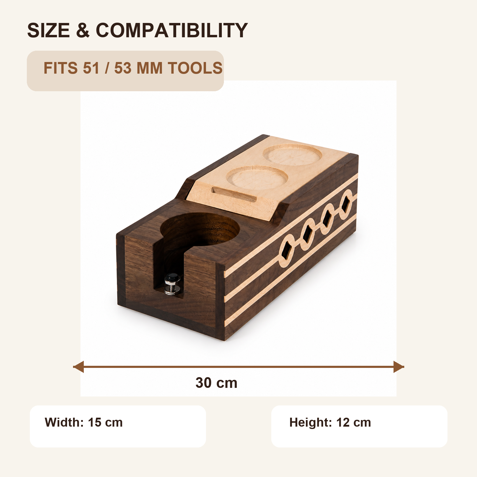 51 and 53 mm espresso station dimensions 30 by 15 by 12 cm