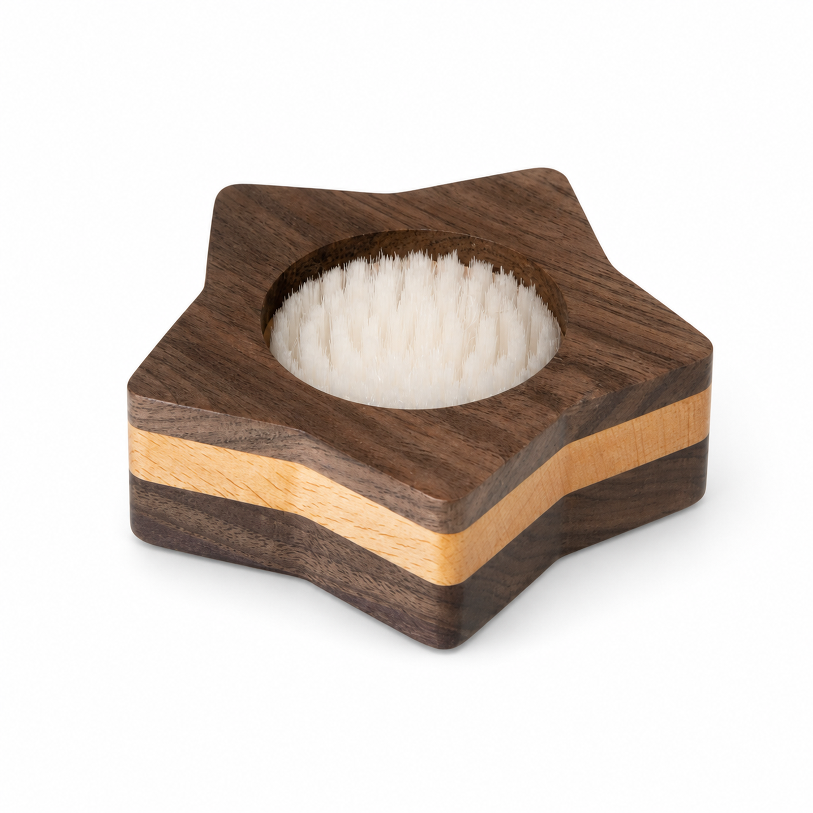 Solid walnut star espresso tool cleaning stand with white bristles on white background