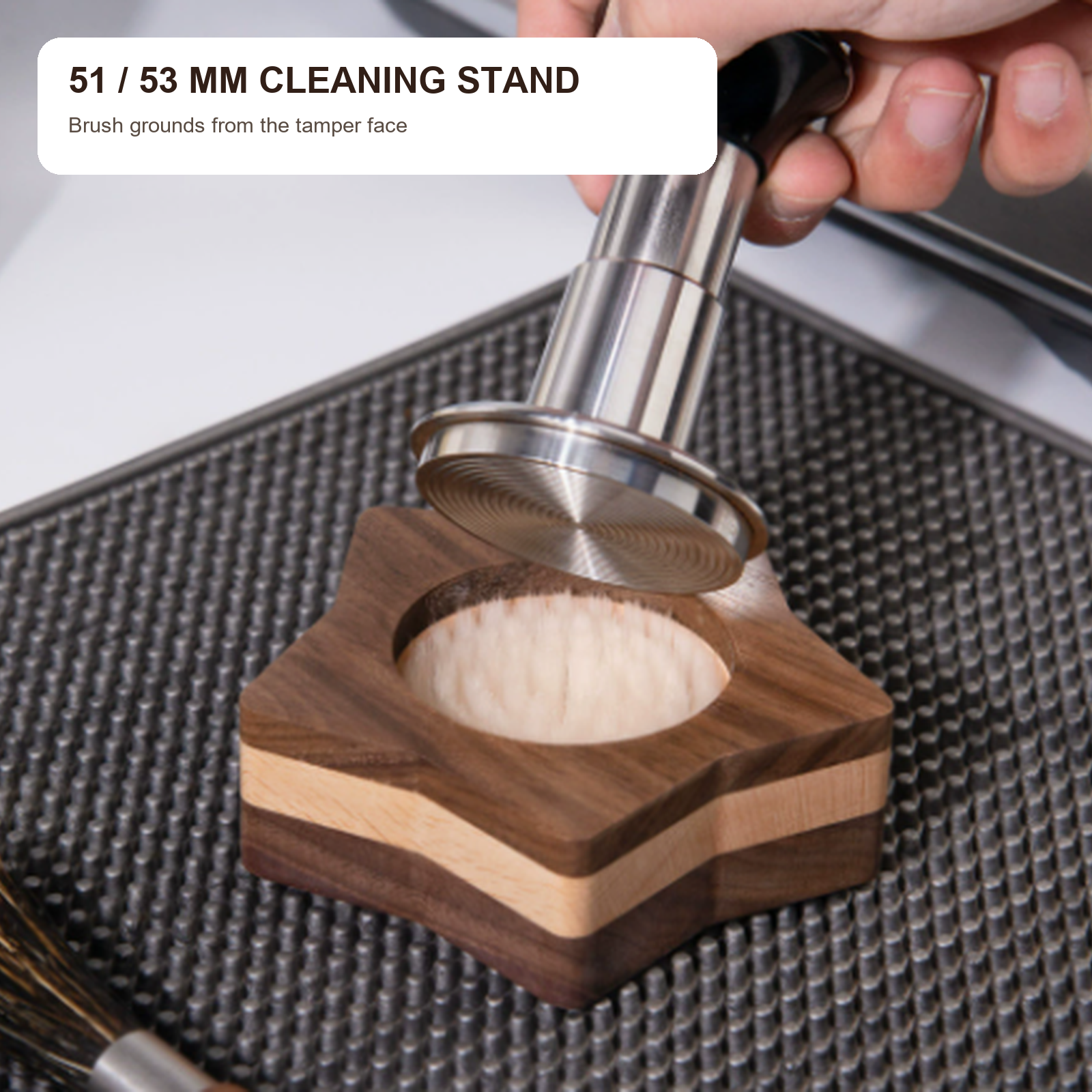 51 and 53 mm walnut star cleaning stand removing grounds from a tamper