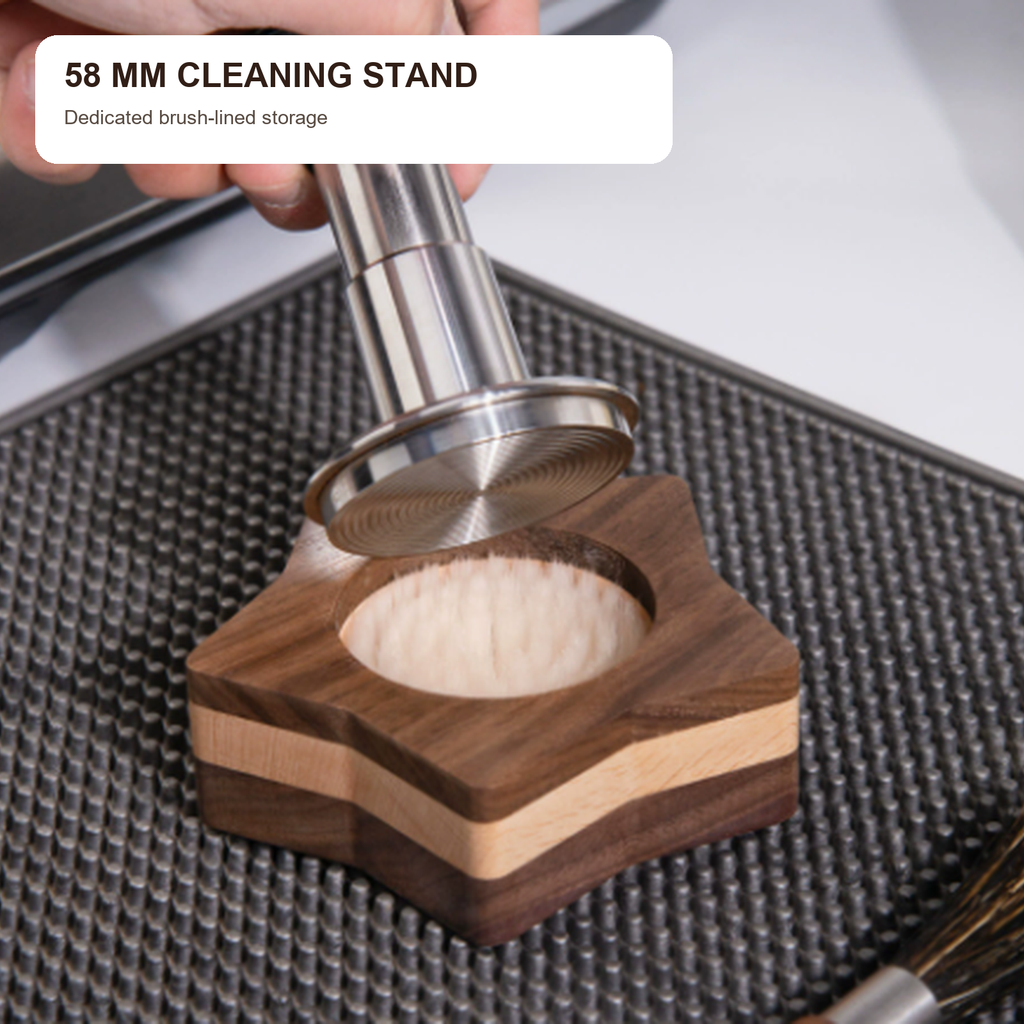 58 mm walnut star brush-lined espresso tool cleaning stand