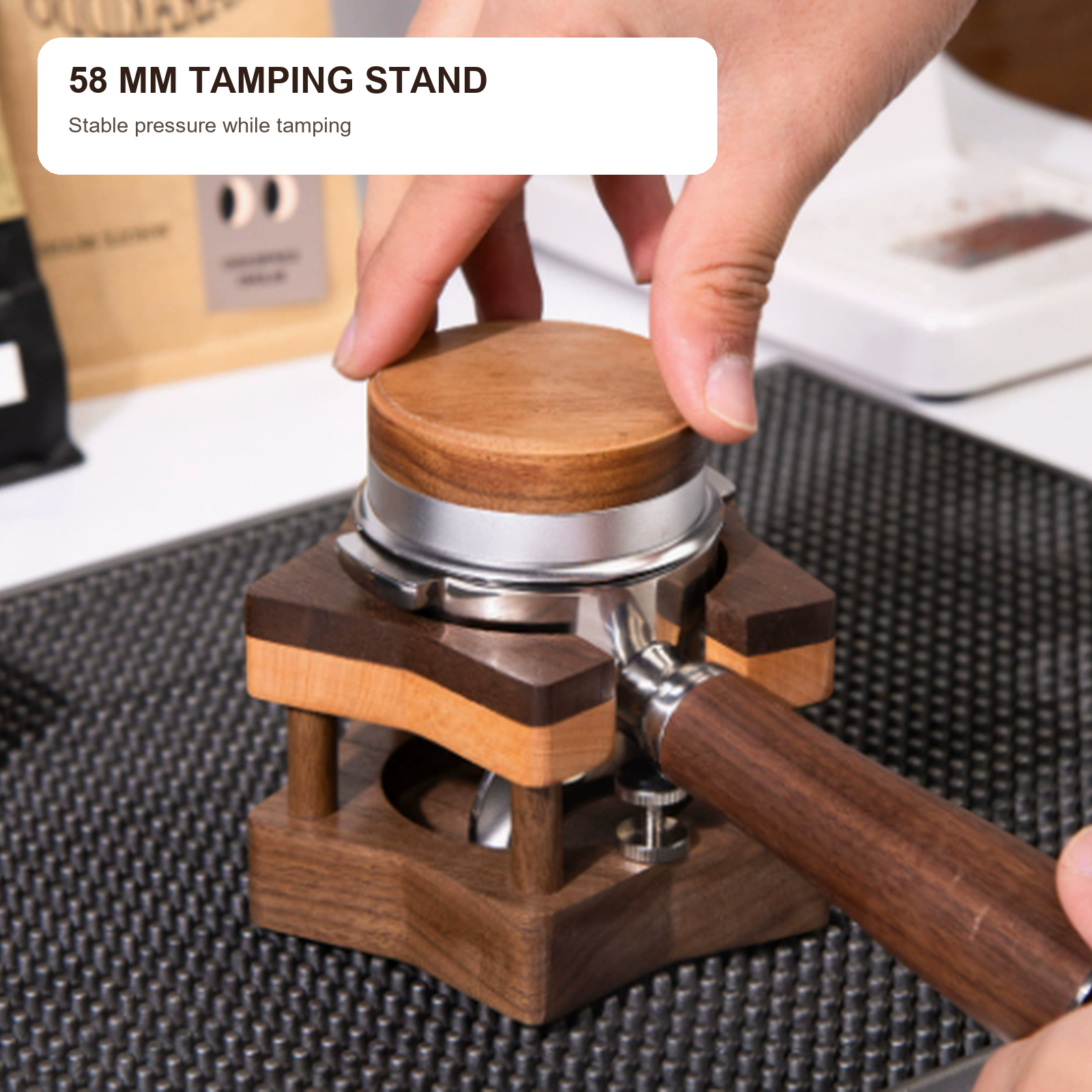 58 mm solid walnut star portafilter tamping stand in use