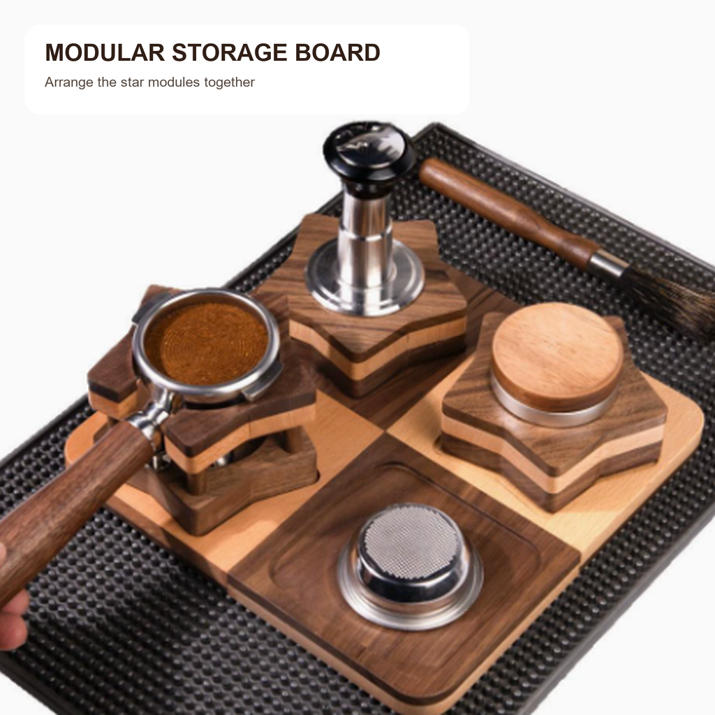 Modular walnut espresso tool modules arranged on the storage board