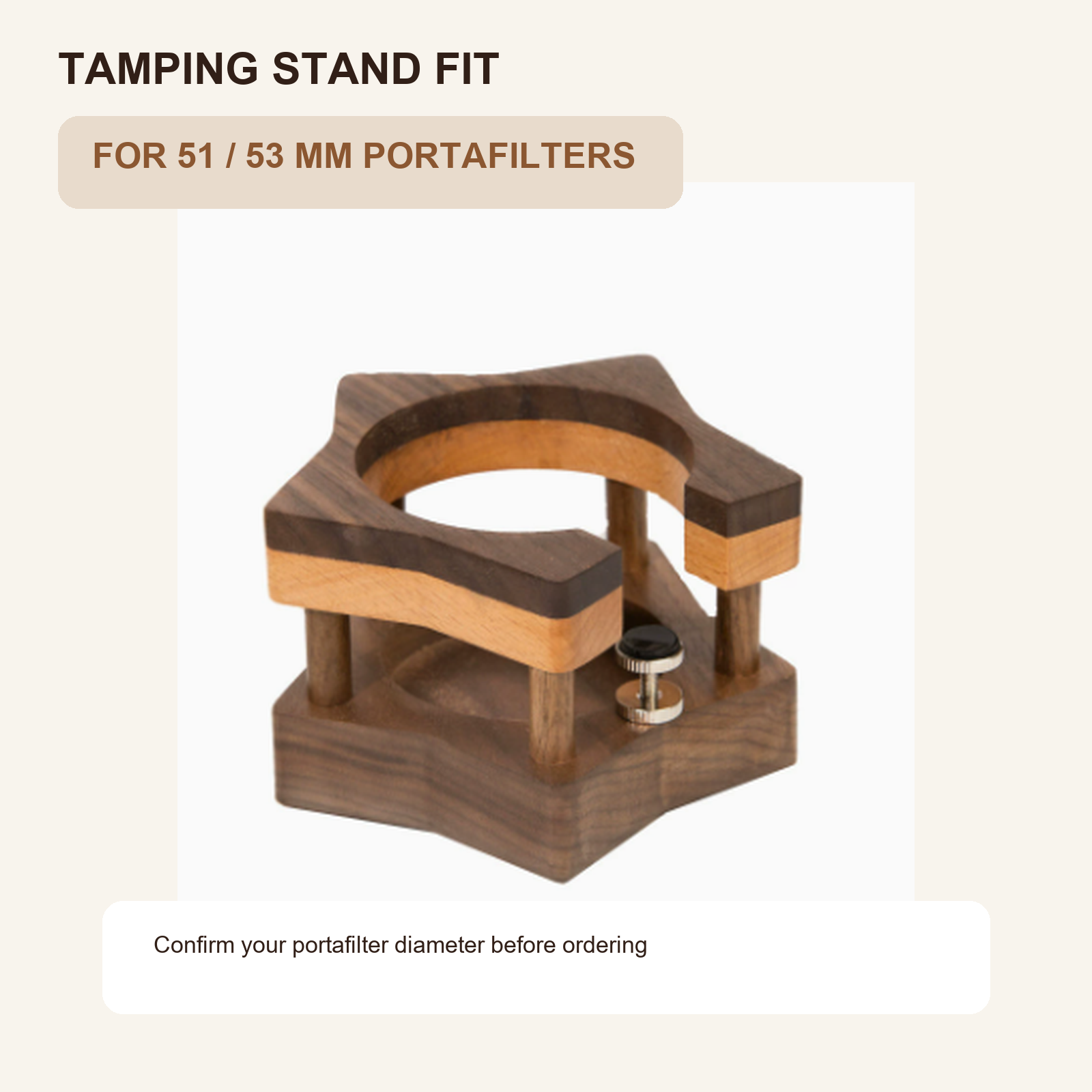 51 and 53 mm solid walnut portafilter tamping stand fit guide