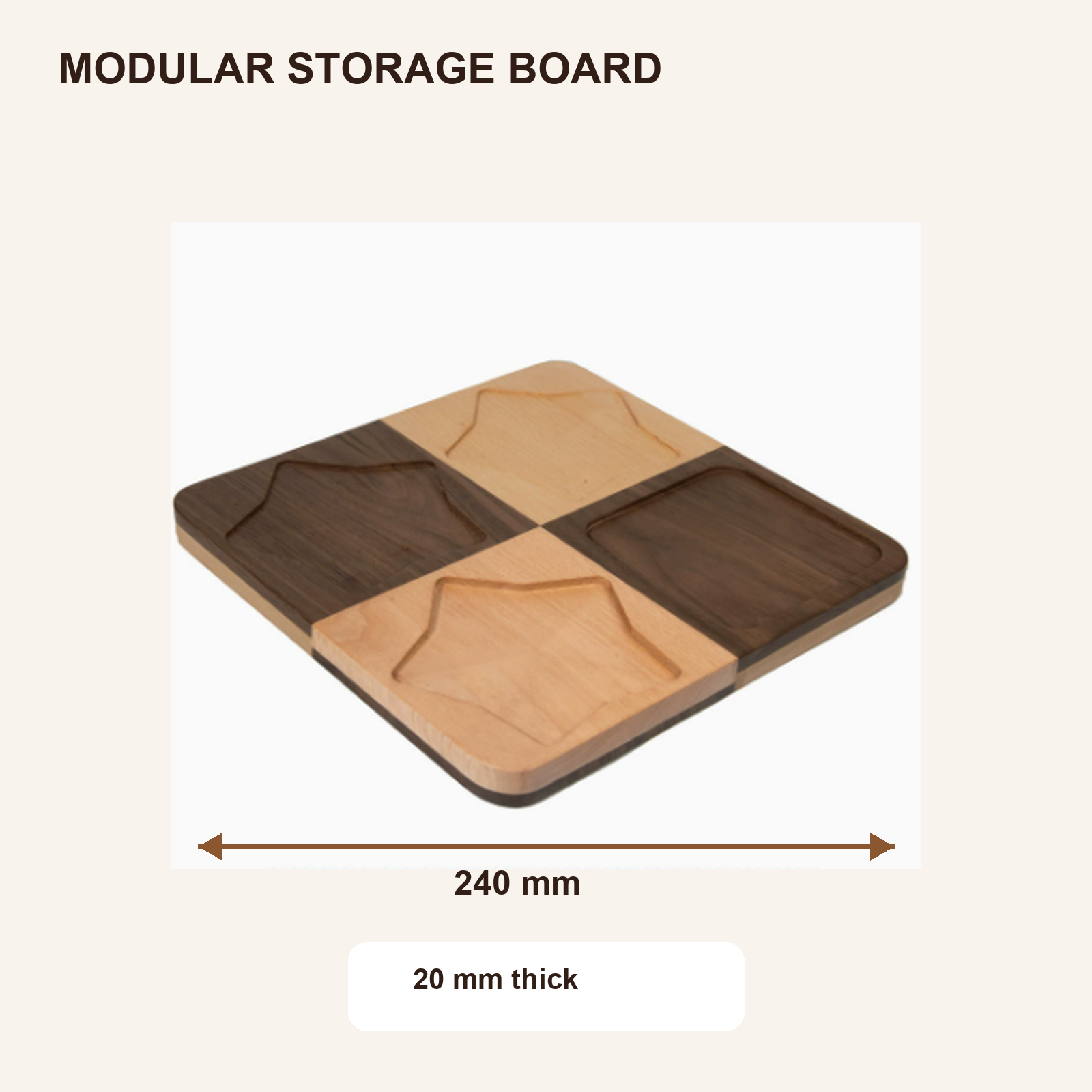 Modular walnut storage board dimensions 240 mm wide and 20 mm thick