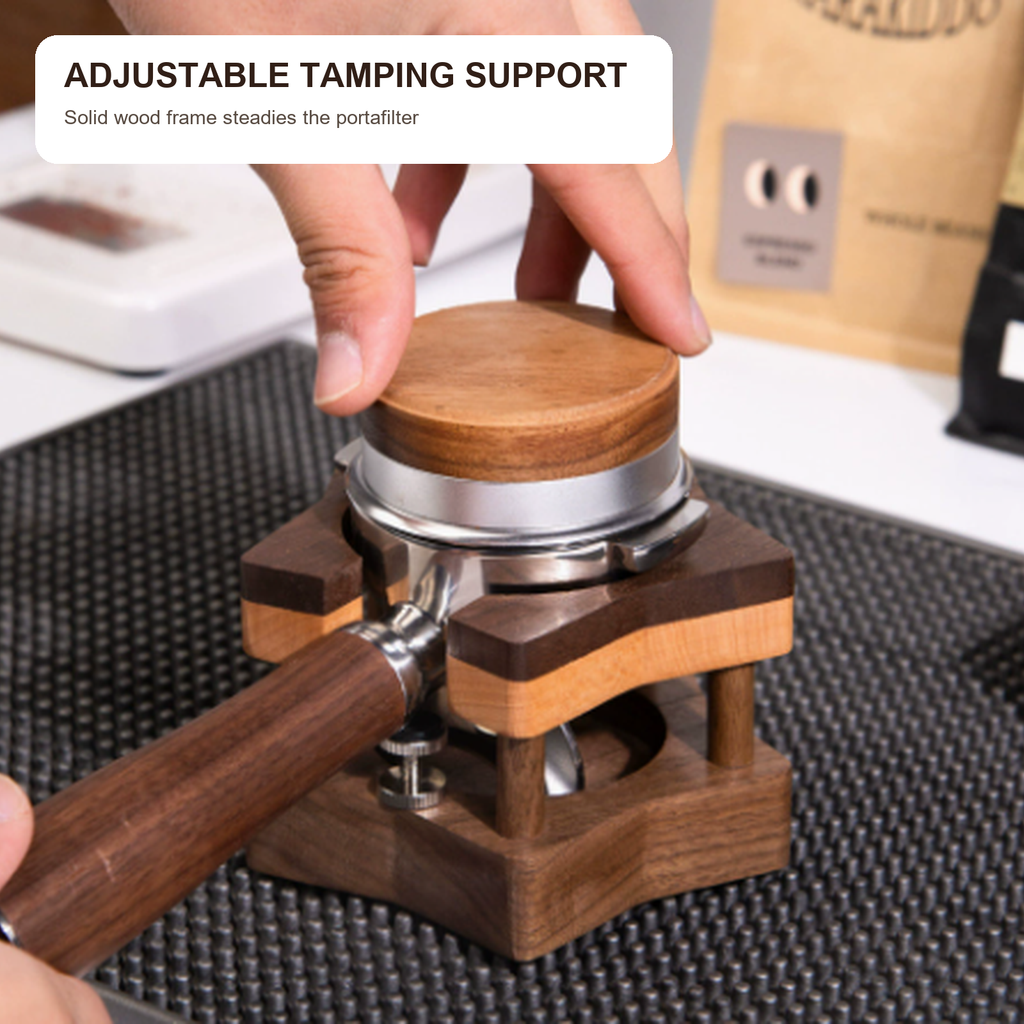 Adjustable solid walnut star portafilter tamping support detail