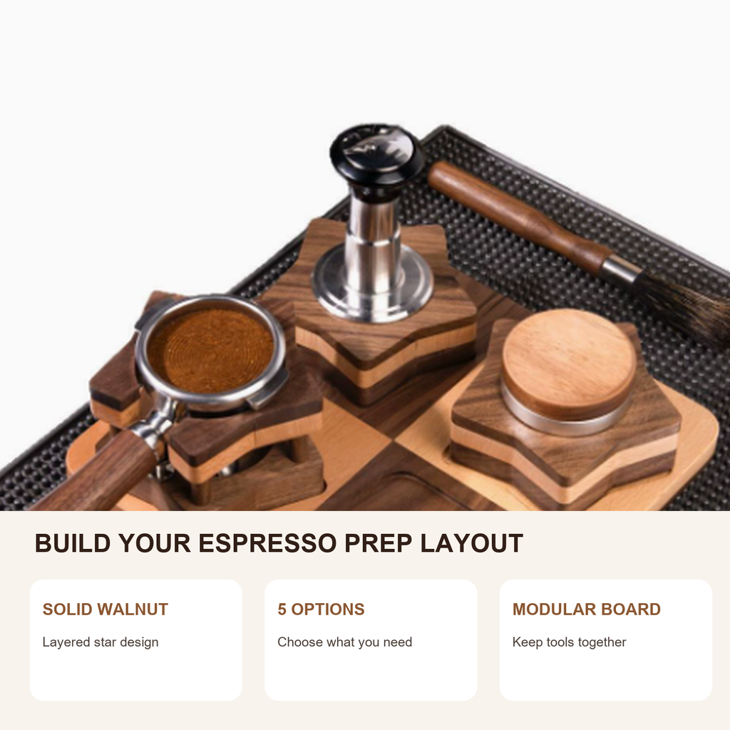 Solid walnut modular star espresso preparation system features