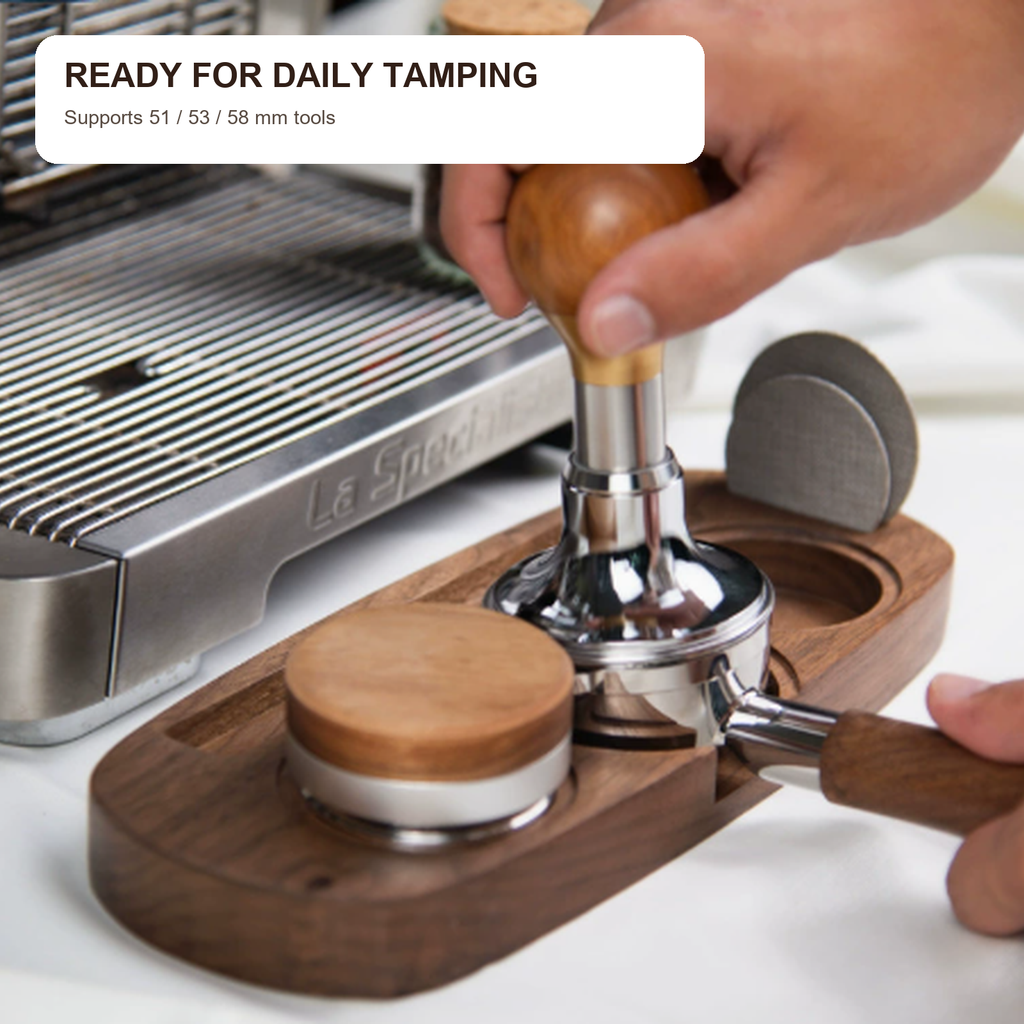 Walnut espresso organizer holding a tamper distributor and portafilter