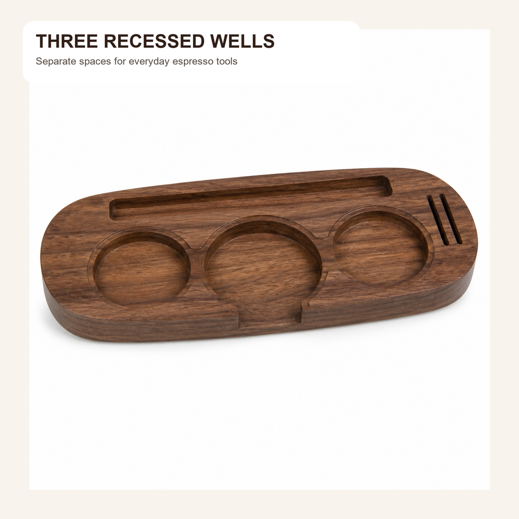 Three recessed wells in a solid walnut espresso organizer