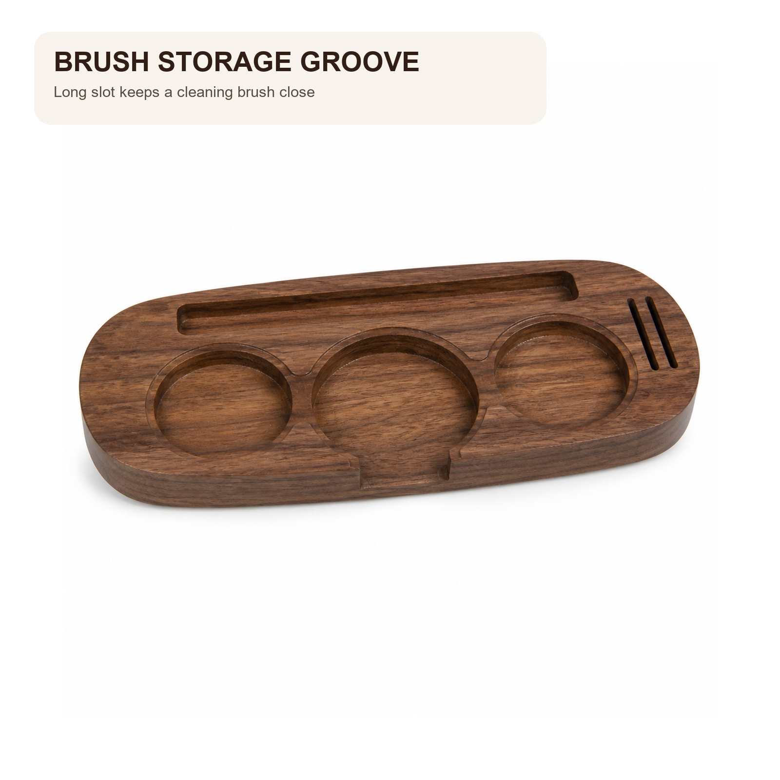 Long cleaning brush storage groove in walnut organizer tray