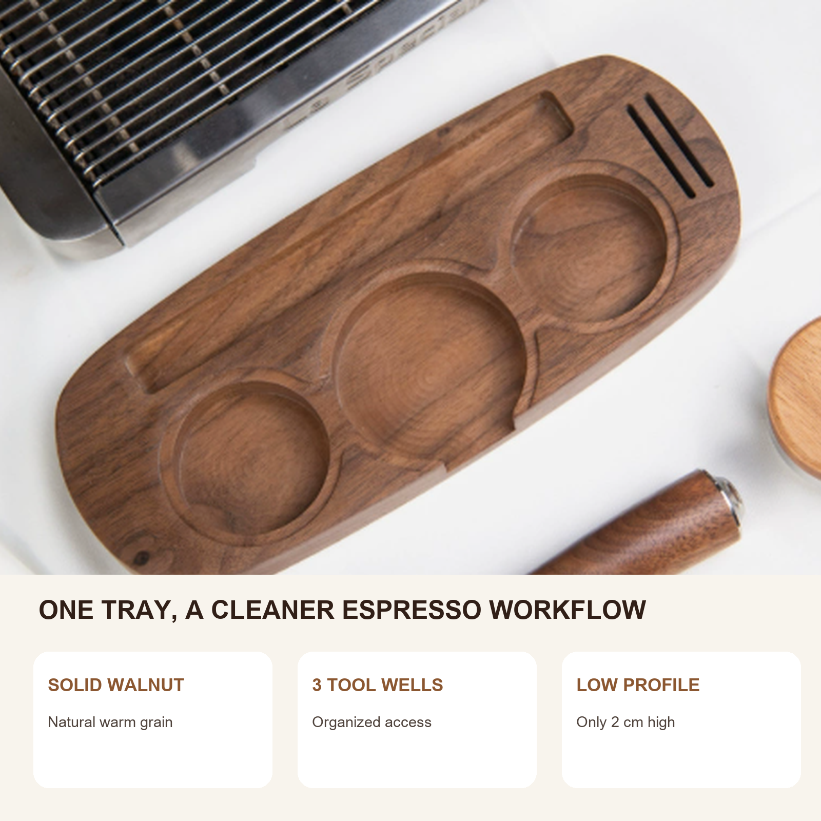 Solid walnut three-tool espresso organizer features