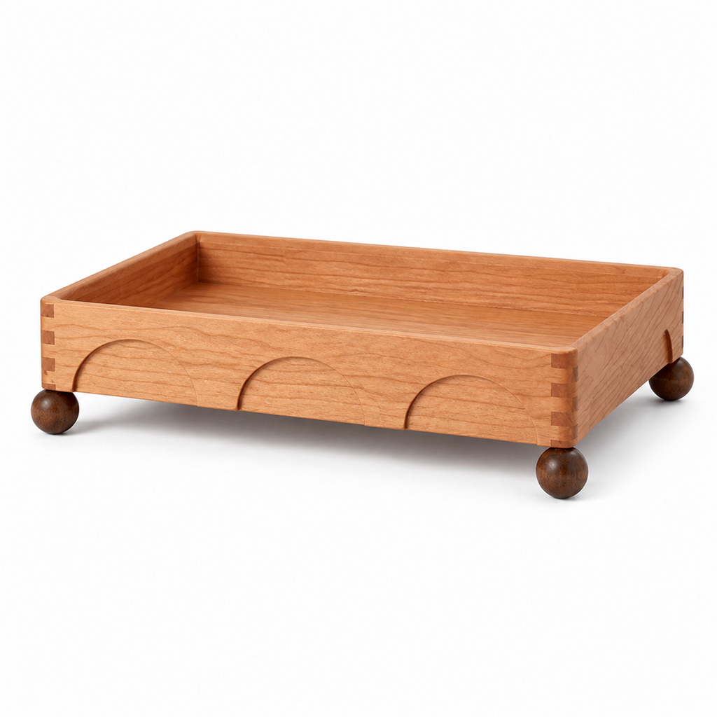 Solid cherry wood raised coffee bar tray organizer on white background