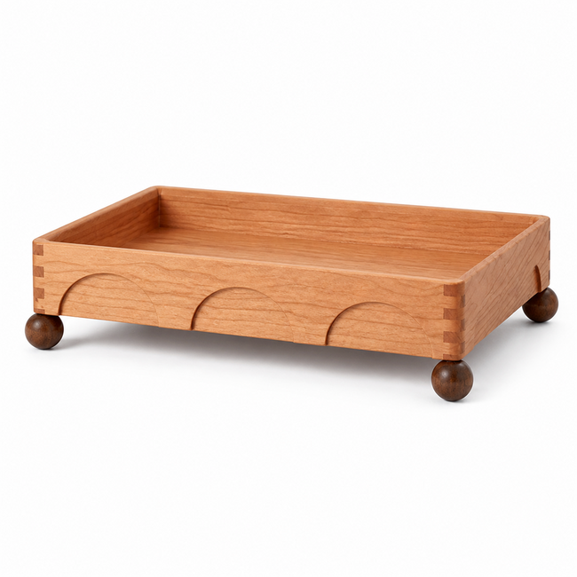 Solid cherry wood raised coffee bar tray organizer on white background
