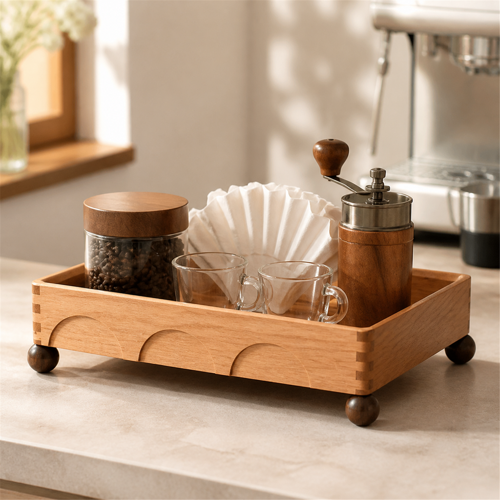 Cherry wood raised tray organizing coffee filters cups and beans on a morning coffee bar