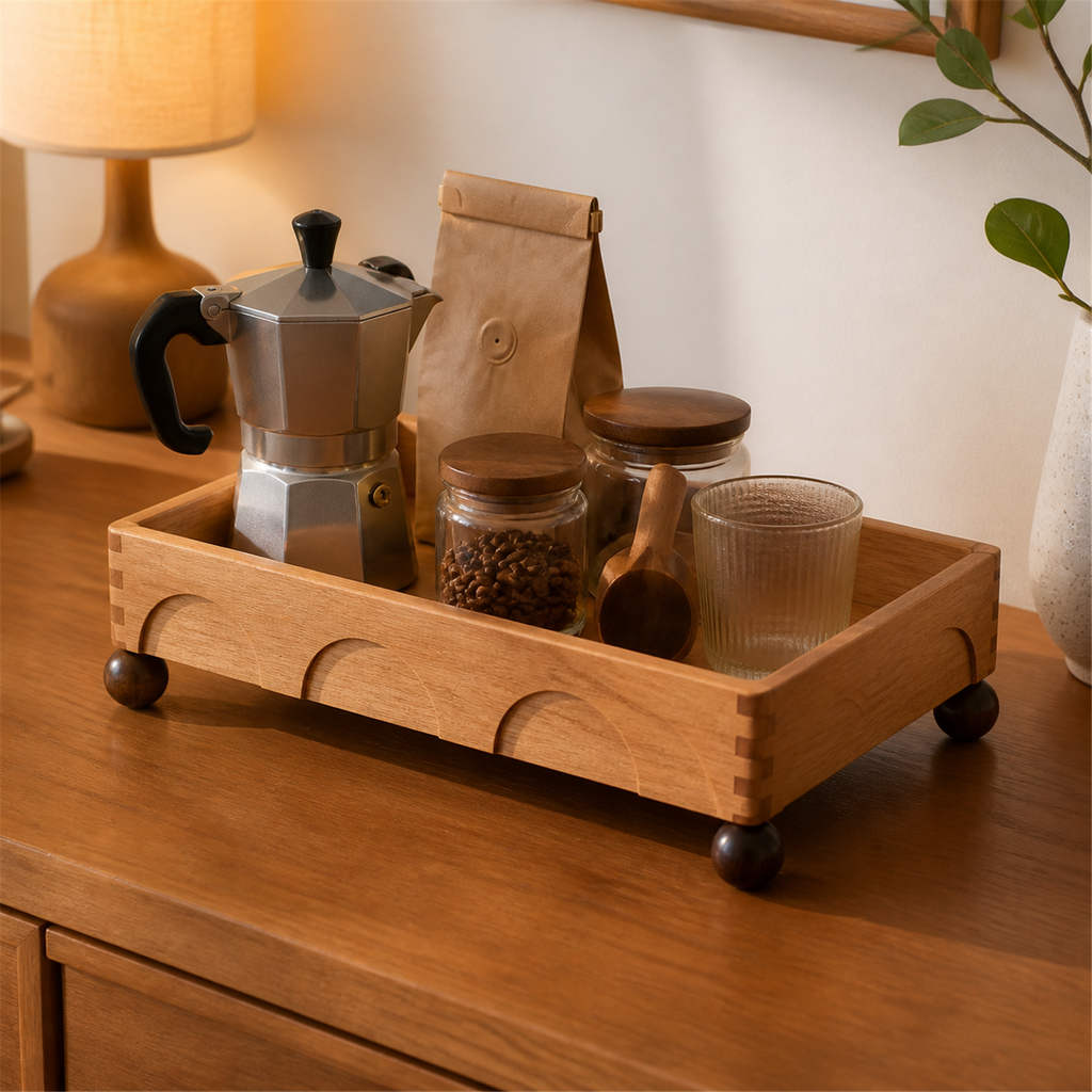 Cherry wood coffee tray organizer styled with a moka pot and jars on a sideboard