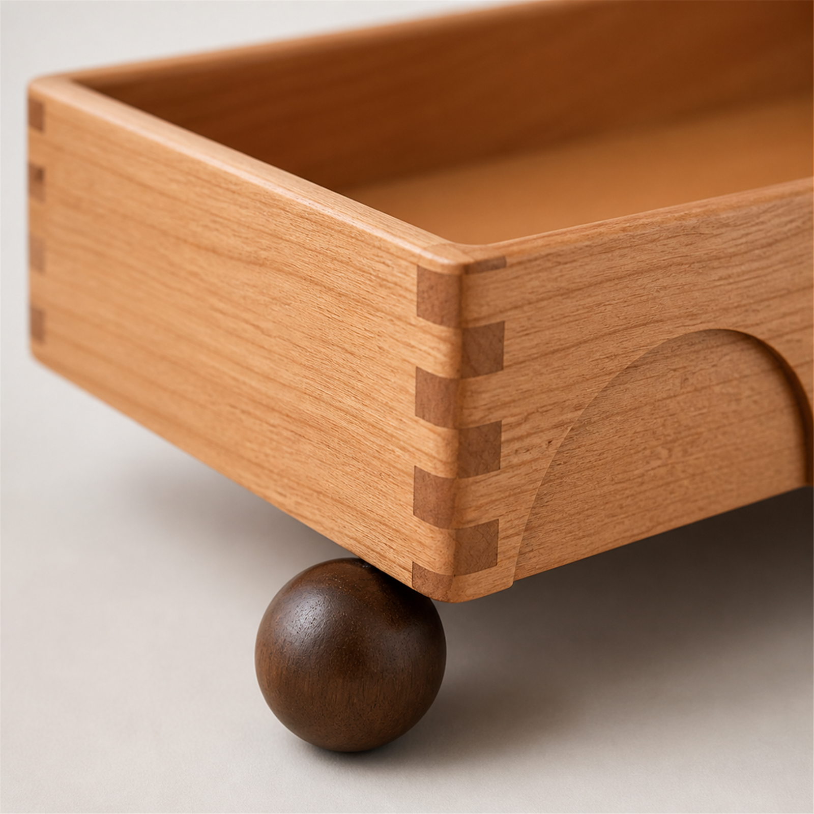 Close-up of cherry wood finger joint corner and dark spherical foot
