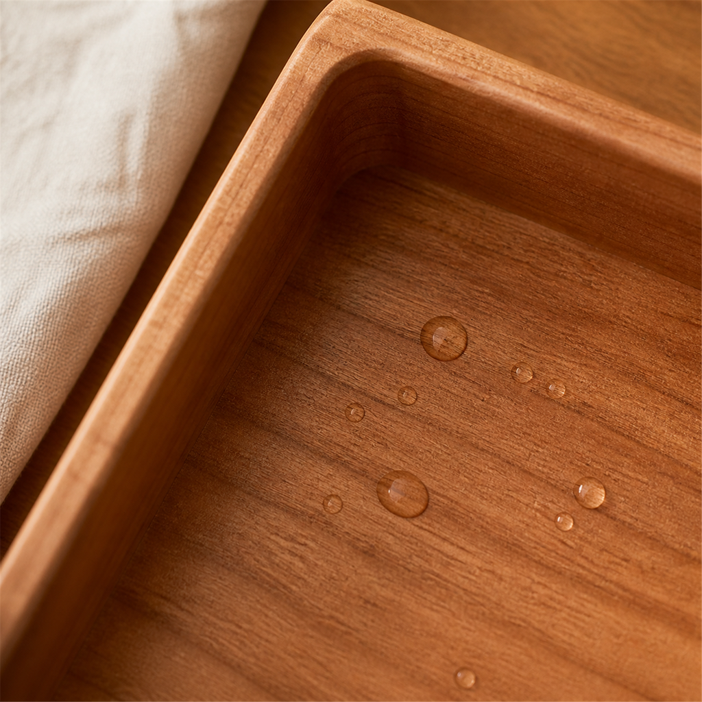 Close-up of rounded cherry wood tray rim and water-resistant finish