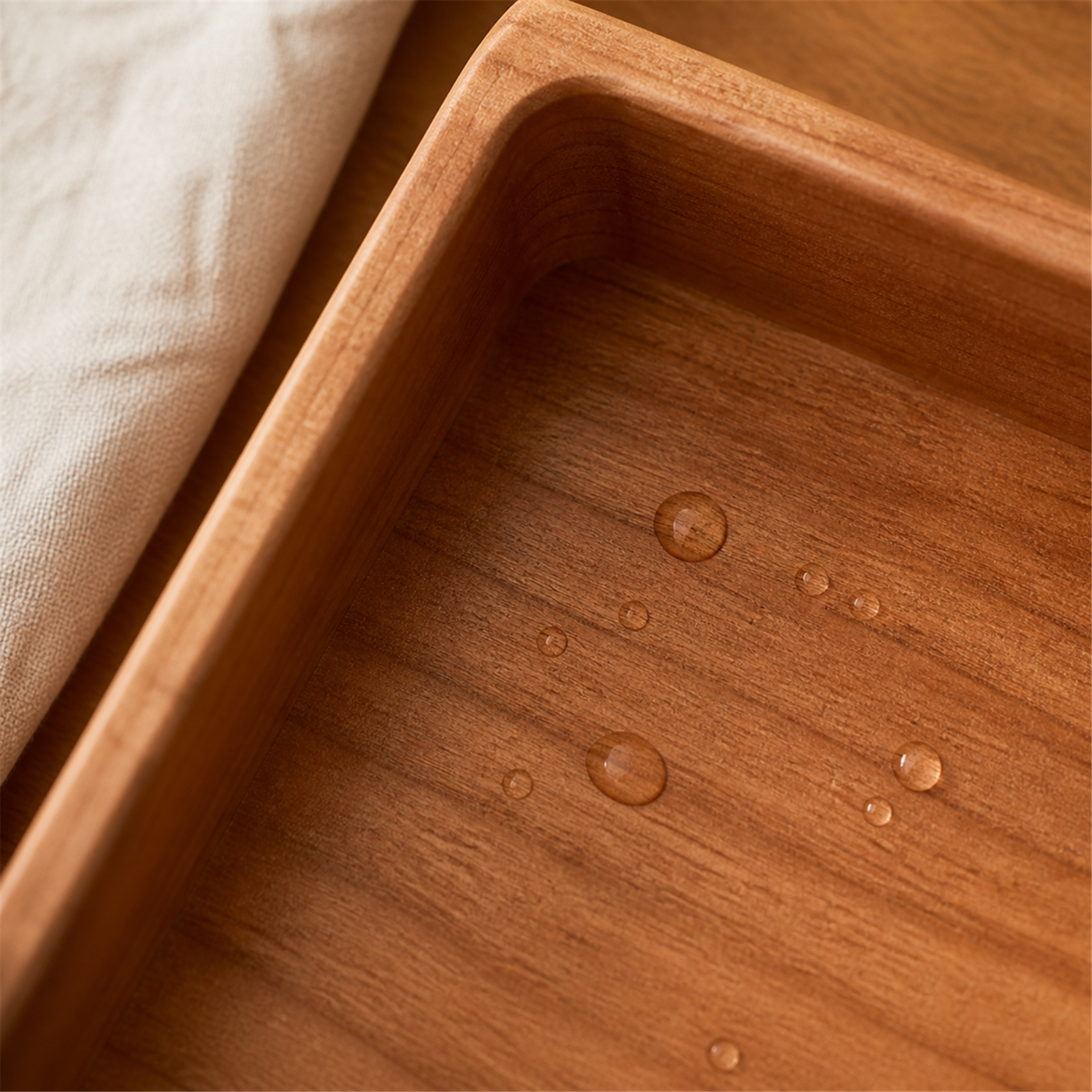 Close-up of rounded cherry wood tray rim and water-resistant finish