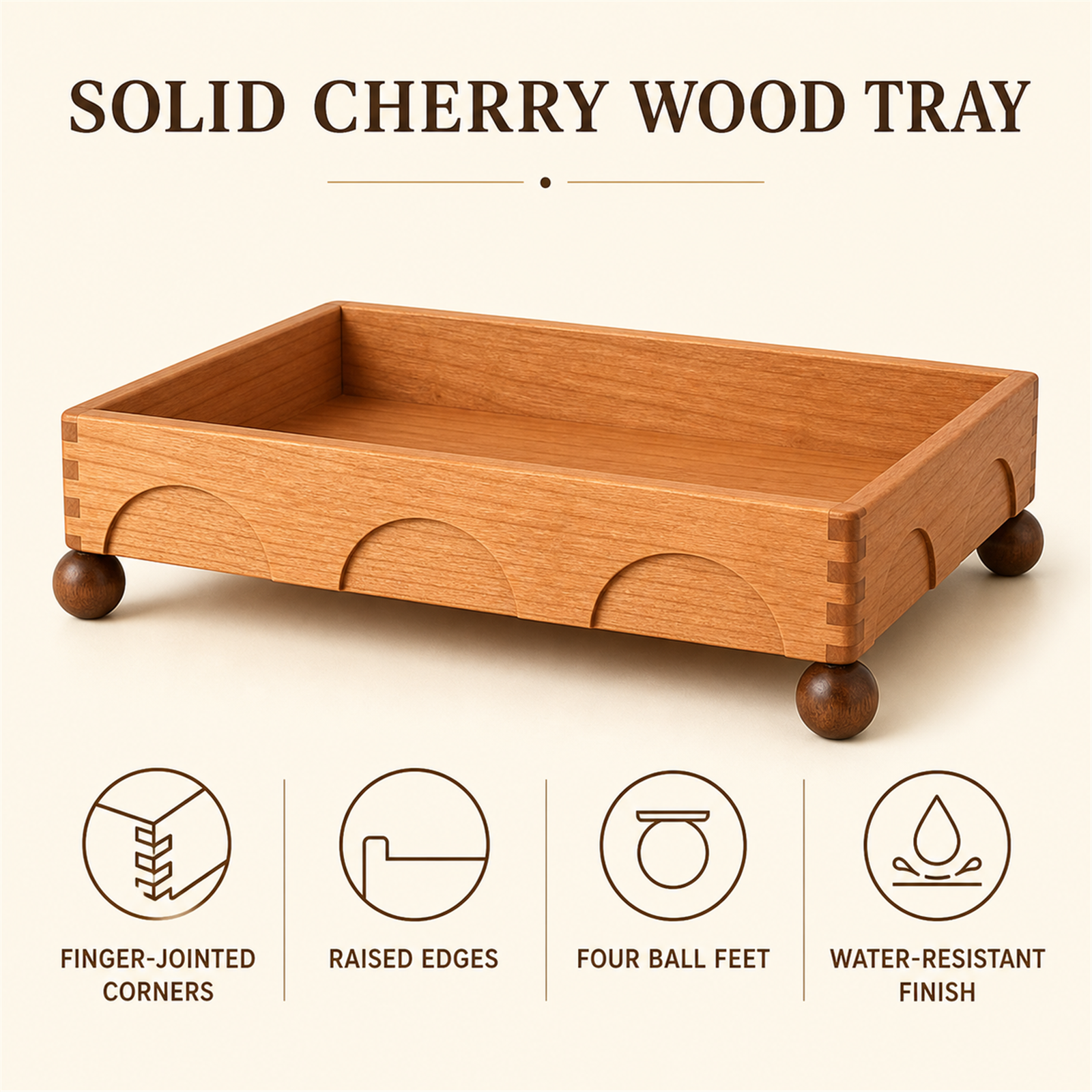 Solid cherry wood tray feature overview with raised edges and four ball feet