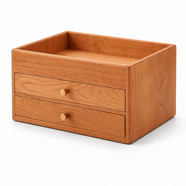 Solid cherry wood two-drawer countertop coffee organizer on white background