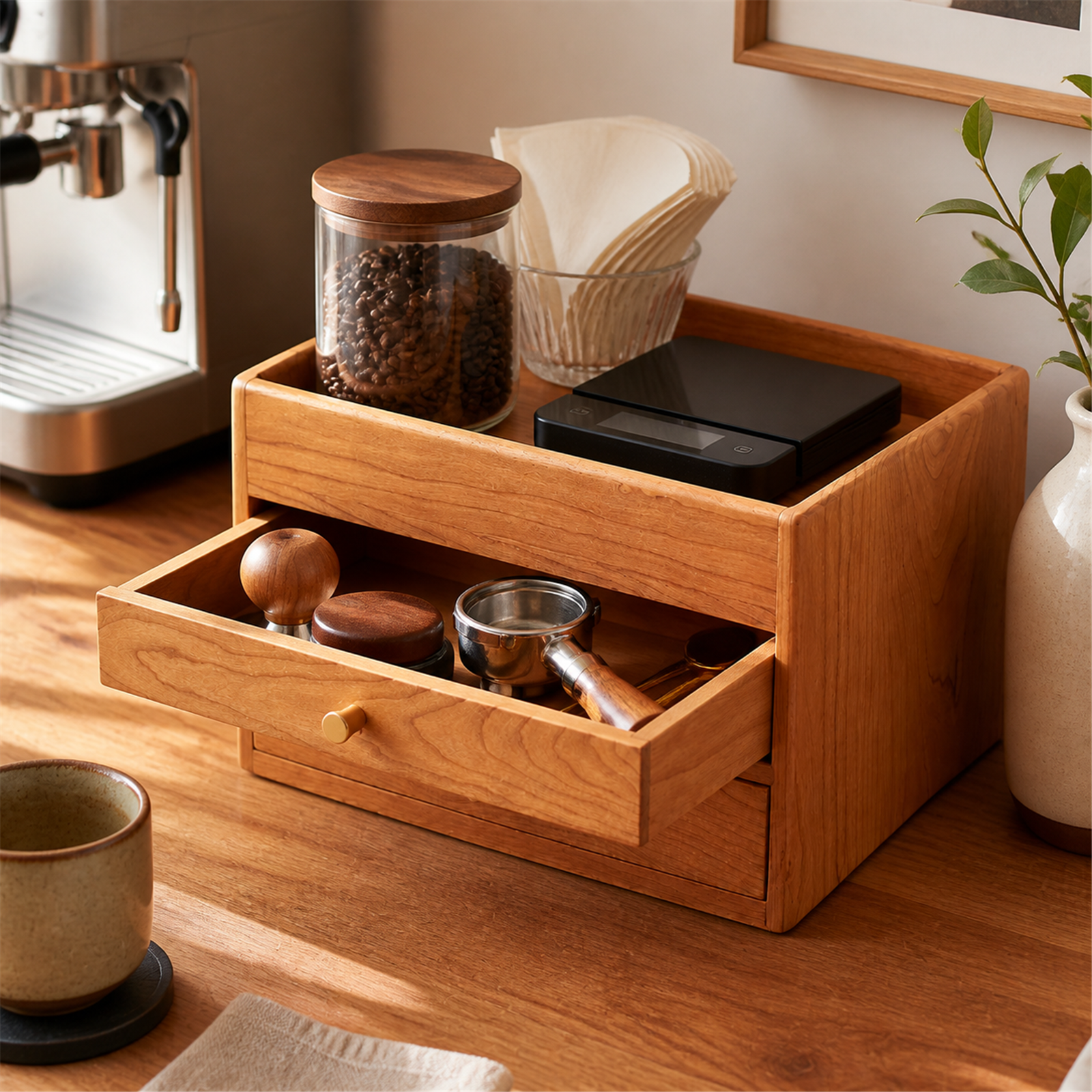 Cherry wood coffee organizer with upper drawer open beside espresso machine