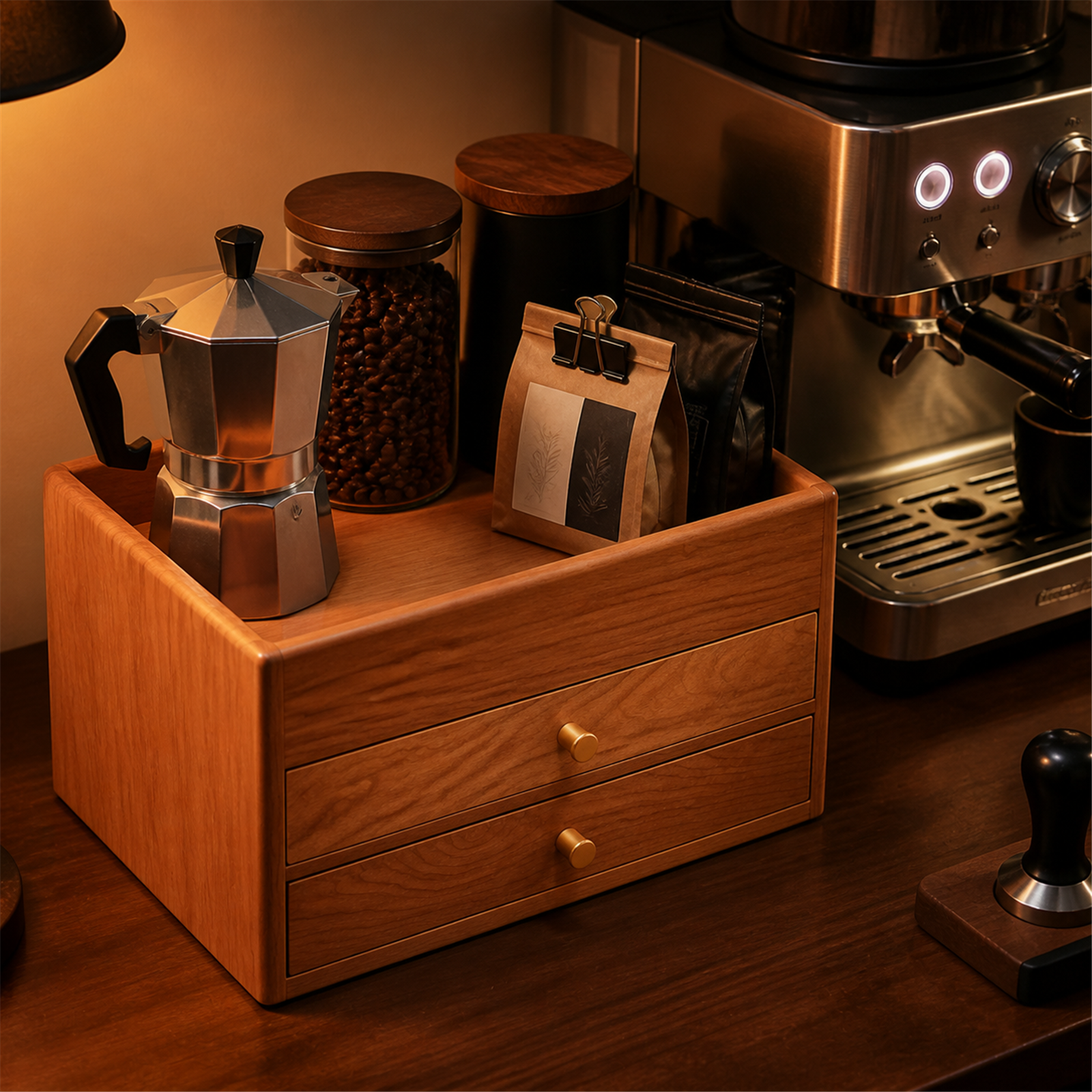 Cherry wood two-drawer organizer styled in a warm coffee station
