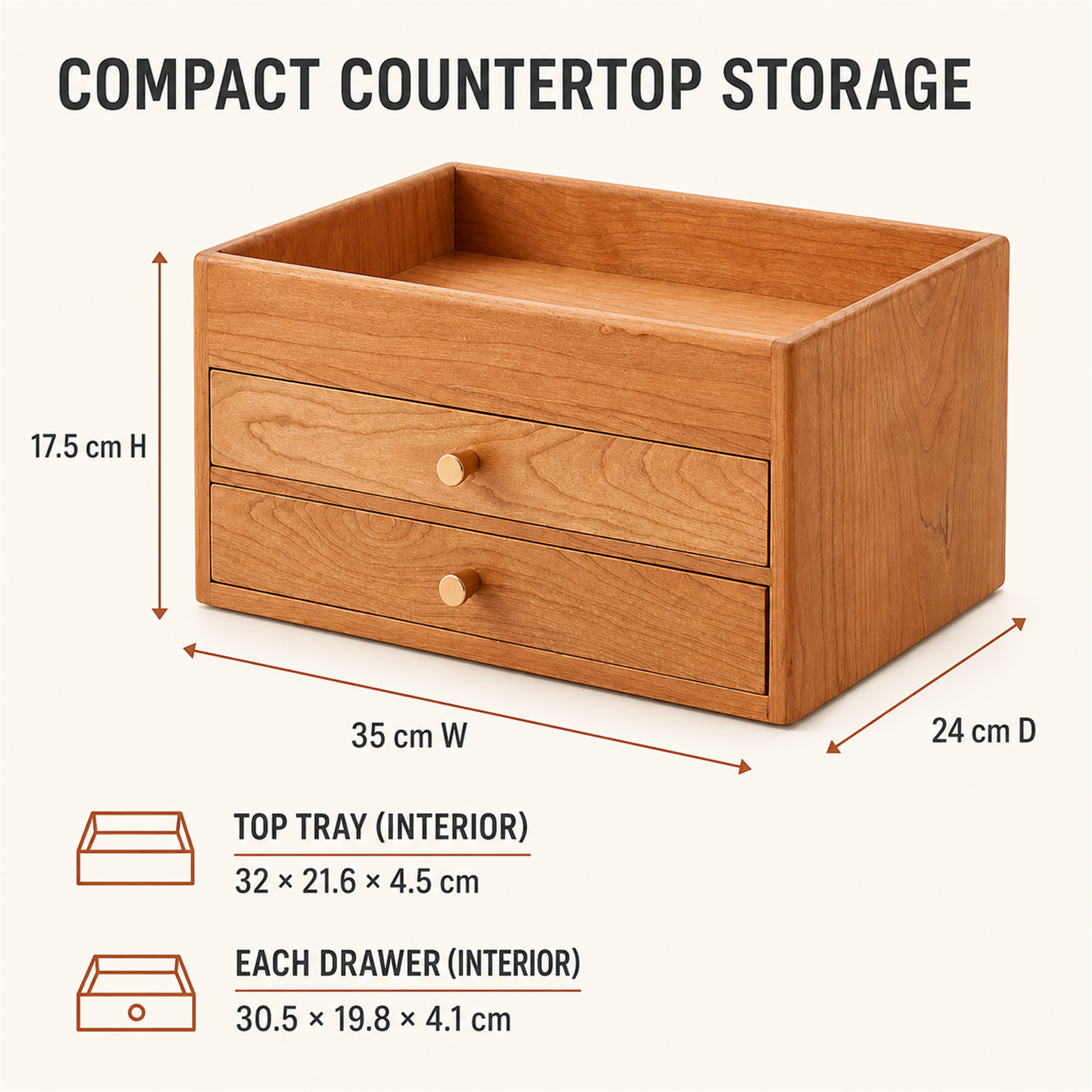 Cherry wood countertop organizer dimensions 35 by 24 by 17.5 centimeters
