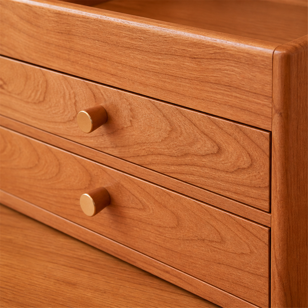 Close-up of cherry wood grain and matching drawer knobs