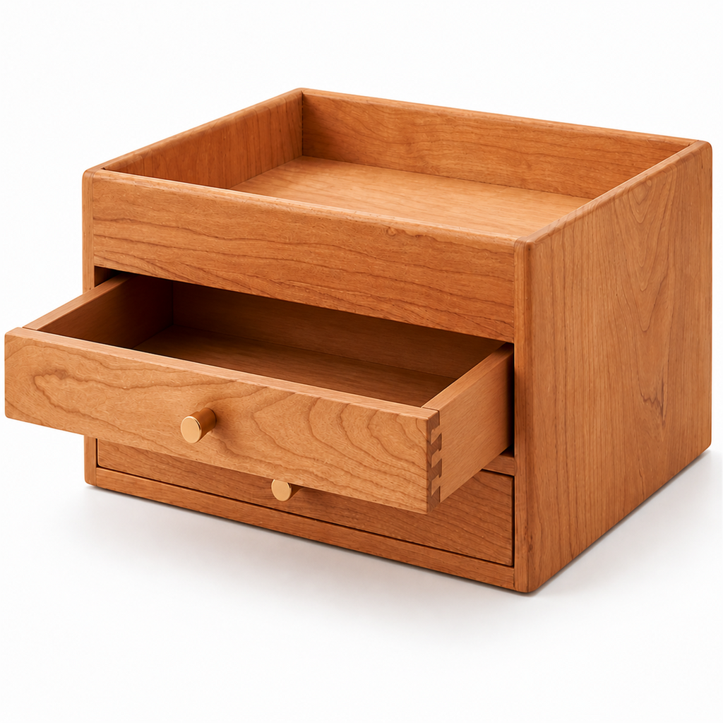 Open drawer detail showing solid cherry wood construction and joinery