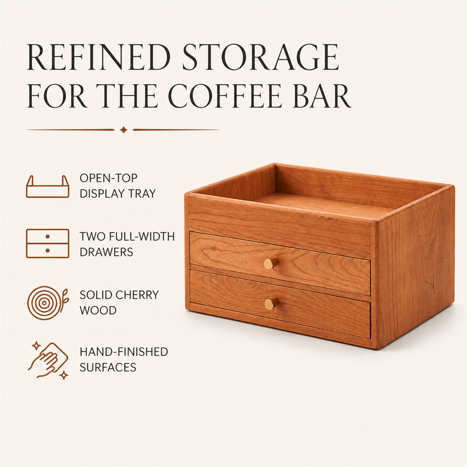 Cherry wood coffee organizer feature overview with top tray and two drawers