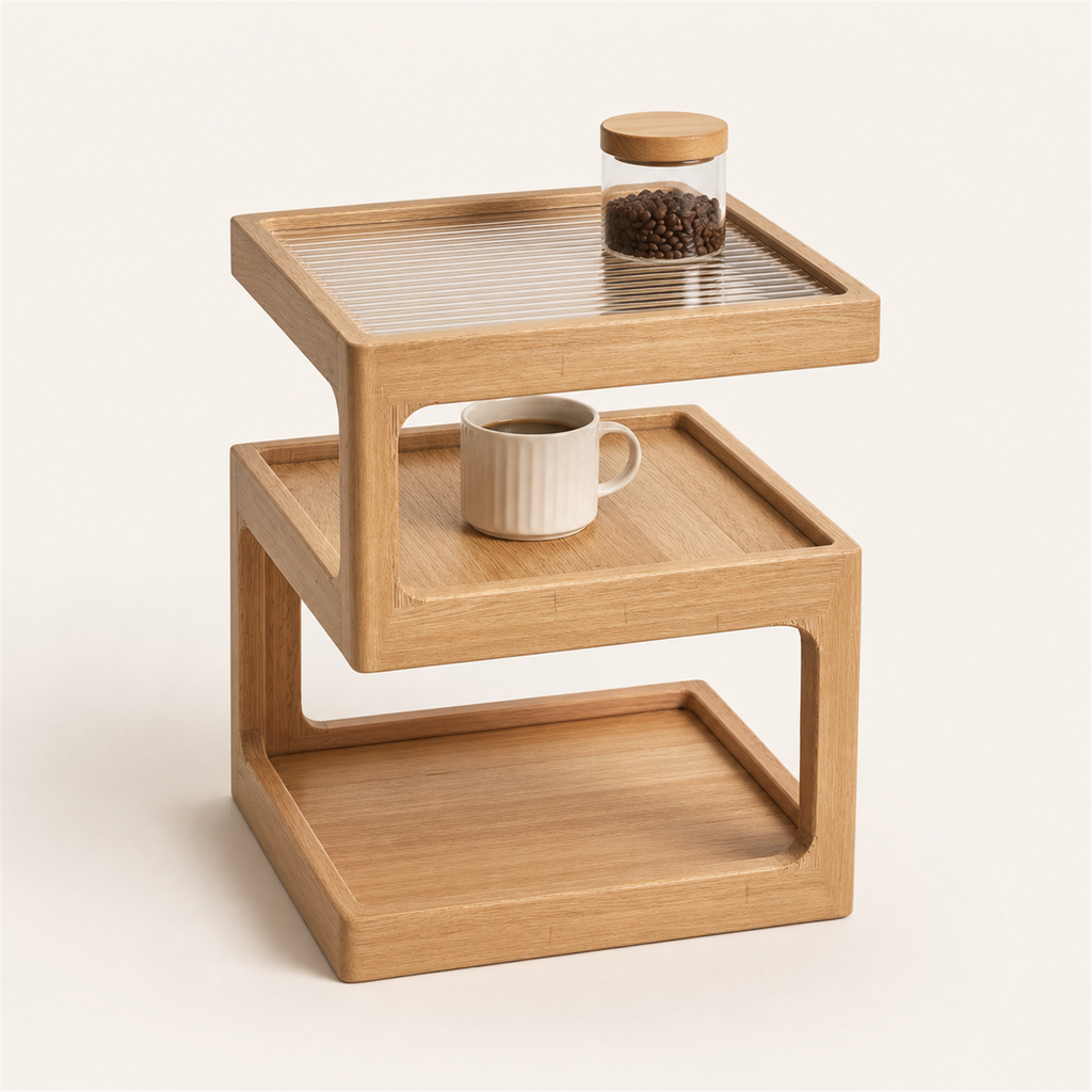 Solid wood compact coffee side table with three storage levels