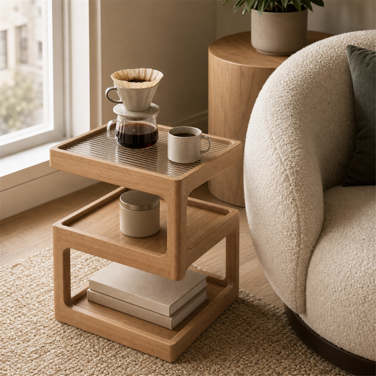 Compact solid wood coffee side table beside a lounge chair