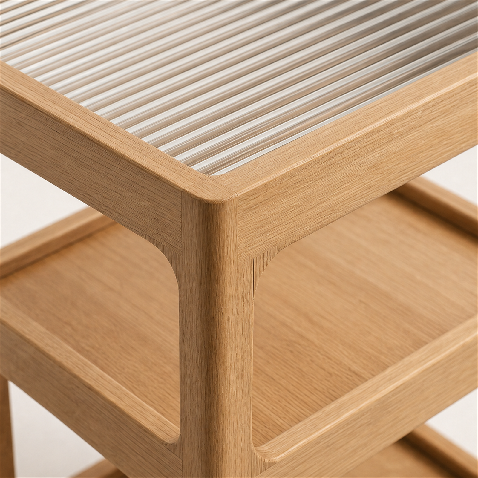Close-up of solid wood frame and transparent ribbed top insert