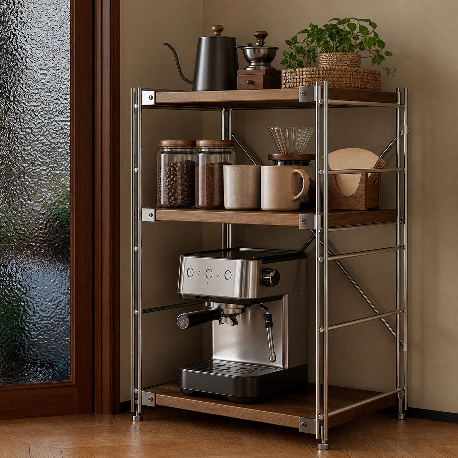 Three-tier Countertop Coffee Organizer styled with coffee equipment