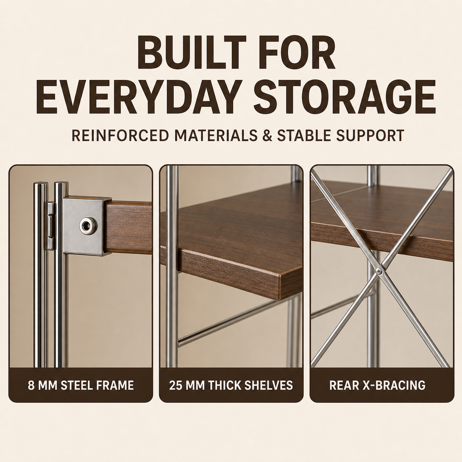 Reinforced steel frame and shelf construction details