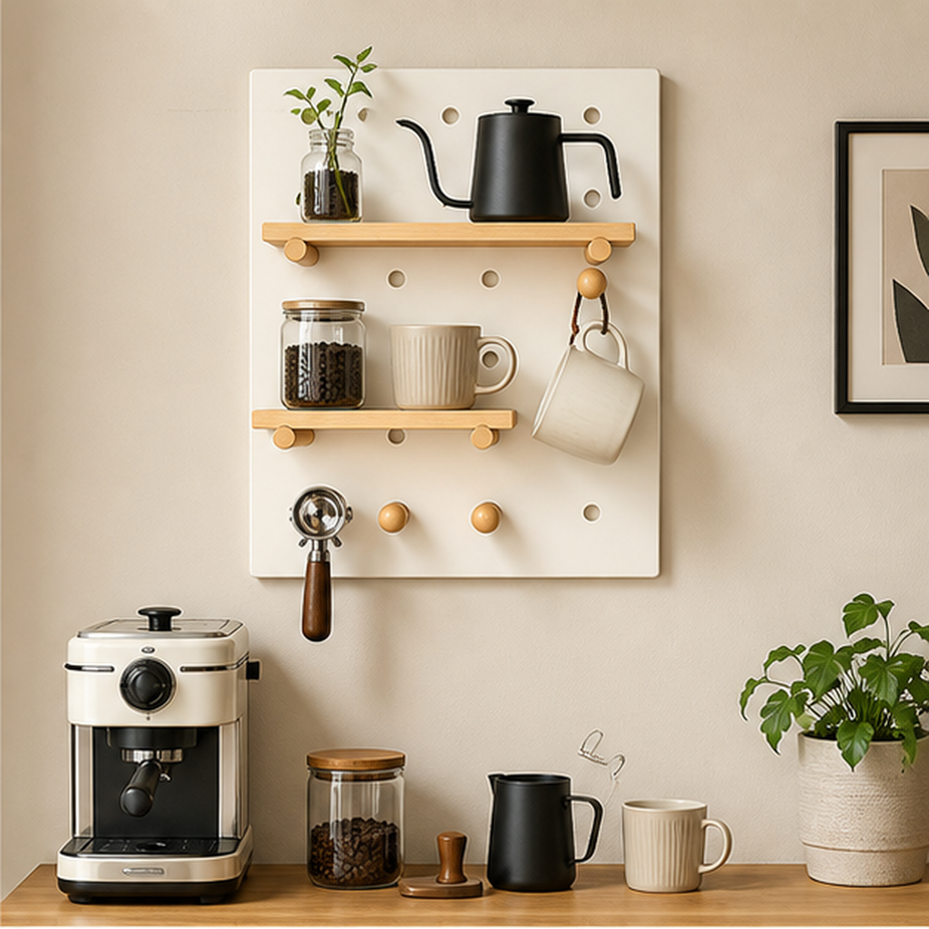 40 x 60 cm Cream White Classic coffee pegboard above a compact coffee bar