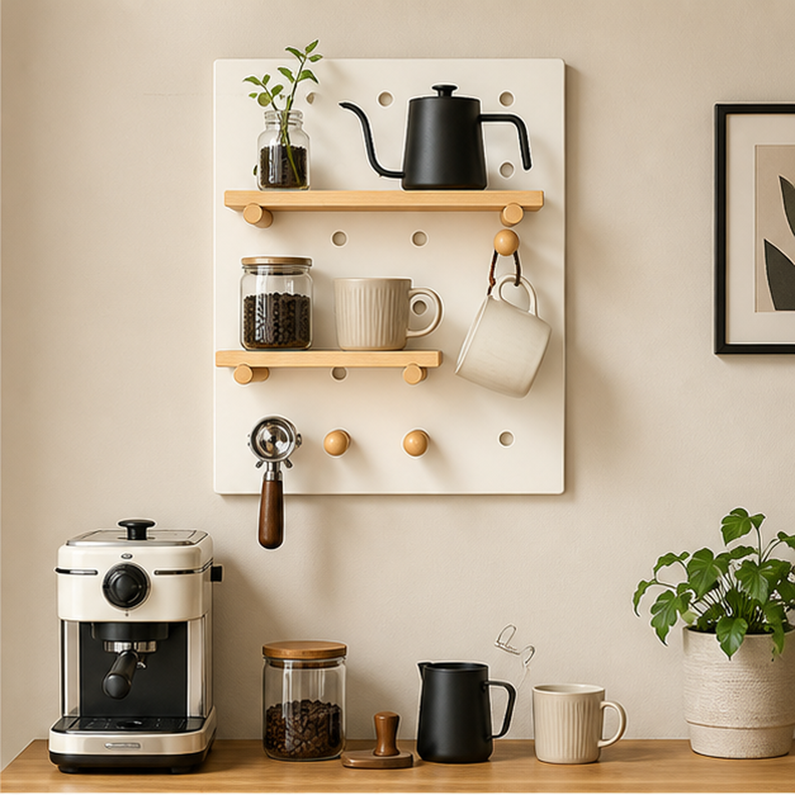 40 x 60 cm Cream White Classic coffee pegboard above a compact coffee bar