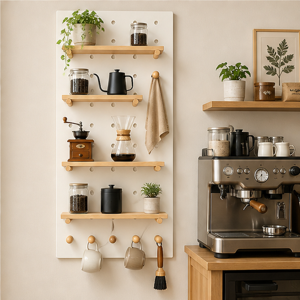 60 x 120 cm Cream White Classic coffee pegboard beside an espresso station
