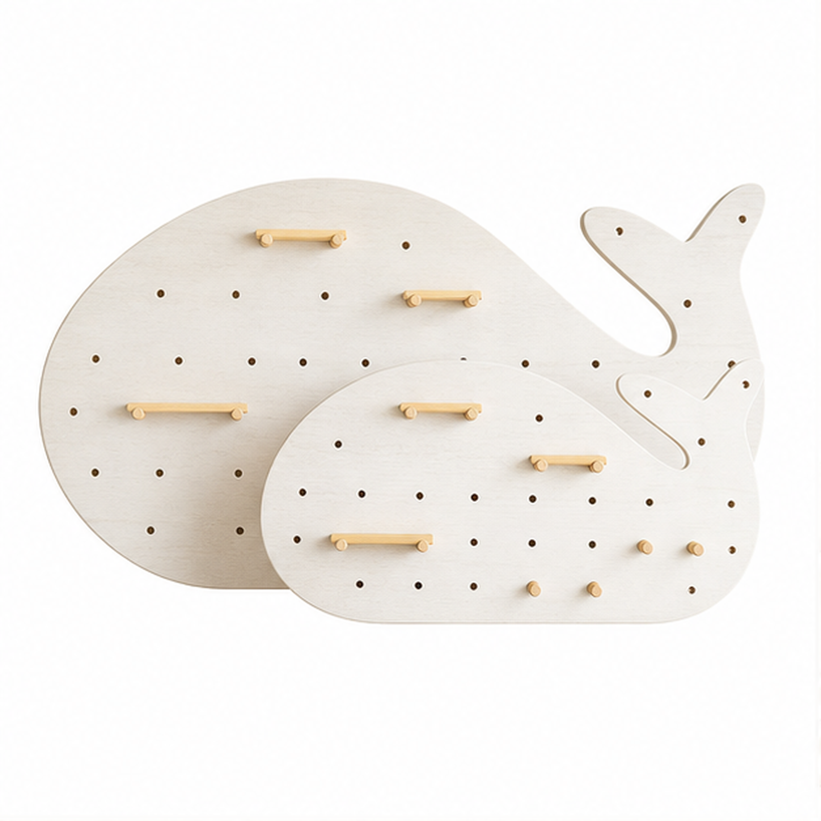 Cream White whale-shaped wall coffee pegboard organizer in two sizes on white